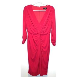 Tadashi Collection Twist Dress Fuchsia Ruched Long Sleeve V-Neck